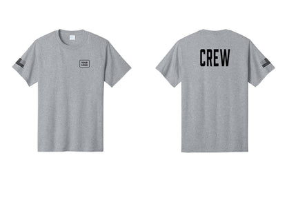 NYC Factory Custom Logo Crew T-Shirt, Condensed Lettering - Your Logo + Back + US Flag Sleeve - Athletic Heather