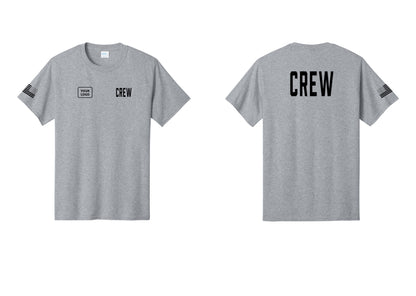 NYC Factory Custom Logo Crew T-Shirt, Condensed Lettering - CREW + Your Logo + Back + US Flag Sleeve - Athletic Heather