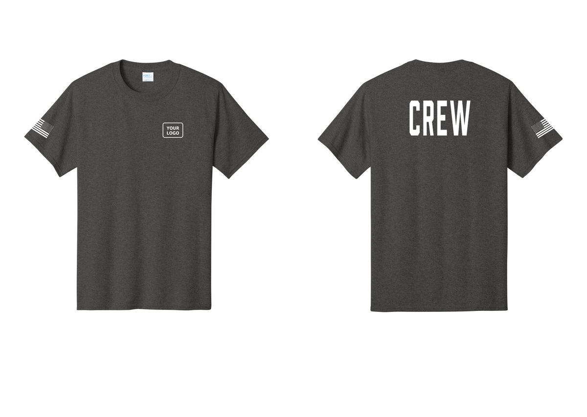 NYC Factory Custom Logo Crew T-Shirt, Condensed Lettering - Your Logo + Back + US Flag Sleeve - Dark Heather Grey