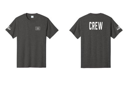 NYC Factory Custom Logo Crew T-Shirt, Condensed Lettering - Your Logo + Back + US Flag Sleeve - Dark Heather Grey