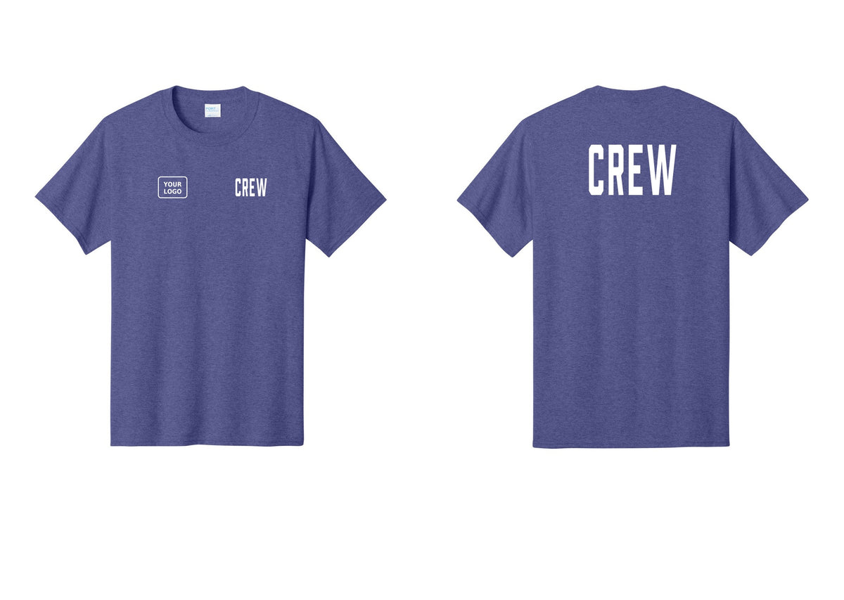 NYC Factory Custom Logo Crew T-Shirt, Condensed Lettering - CREW + Your Logo + Back - Heather Purple