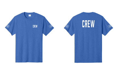 NYC Factory Custom Logo Crew T-Shirt, Condensed Lettering - Chest + Back + Your Logo Sleeves - Heather Royal