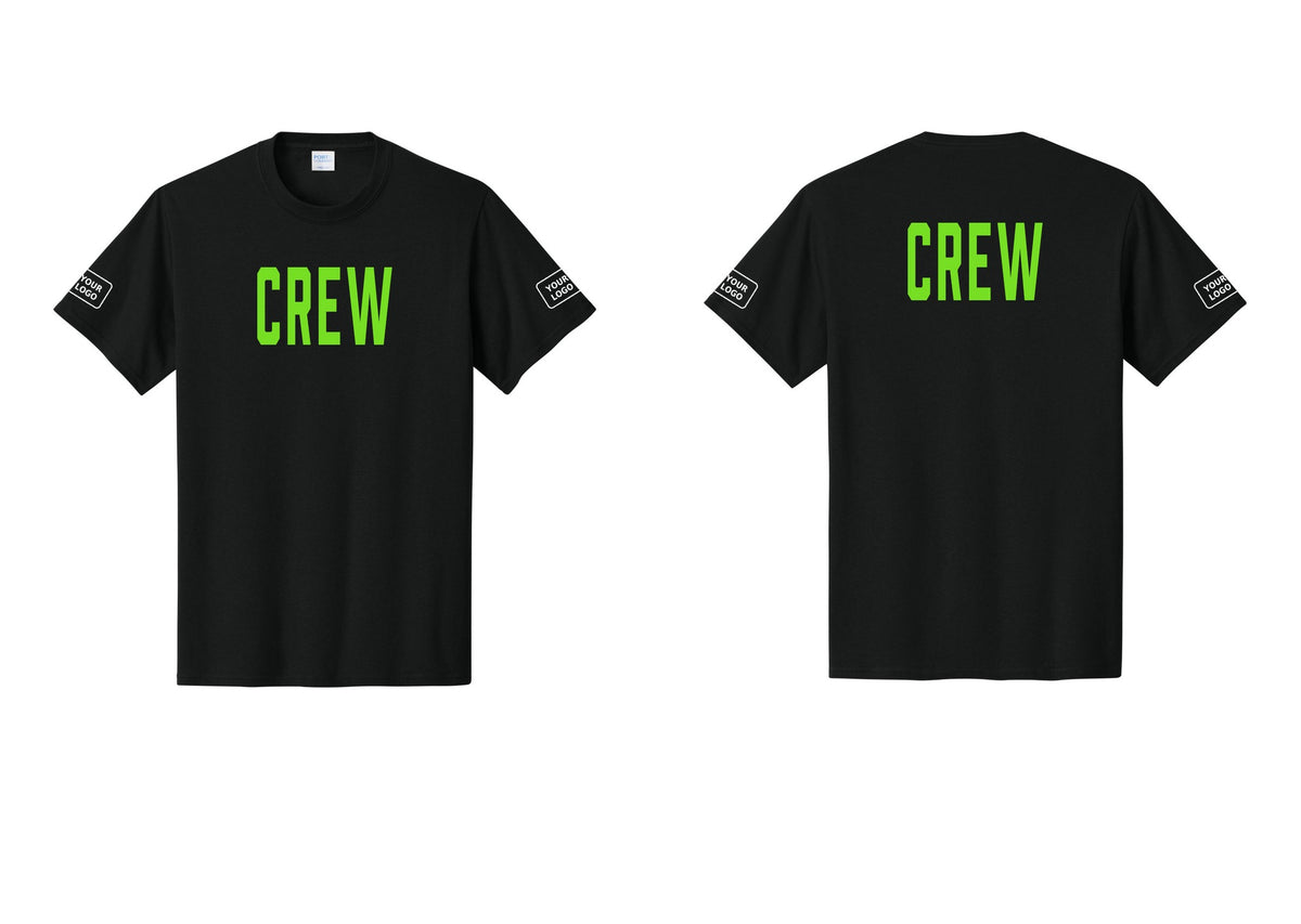 NYC Factory Custom Logo Crew T-Shirt, Condensed Lettering - Front + Back + Your Logo Sleeves - Black / Neon