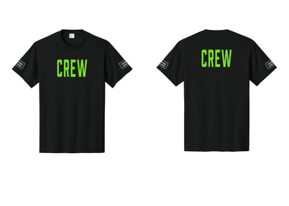 NYC Factory Custom Logo Crew T-Shirt, Condensed Lettering - Front + Back + Your Logo Sleeves - Black / Neon