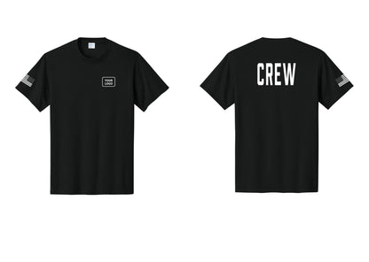 NYC Factory Custom Logo Crew T-Shirt, Condensed Lettering - Your Logo + Back + US Flag Sleeve - Black