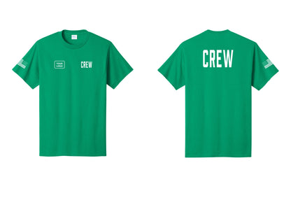 NYC Factory Custom Logo Crew T-Shirt, Condensed Lettering - CREW + Your Logo + Back + US Flag Sleeve - Kelly