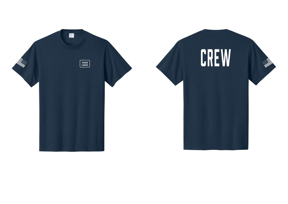 NYC Factory Custom Logo Crew T-Shirt, Condensed Lettering - Your Logo + Back + US Flag Sleeve - Navy