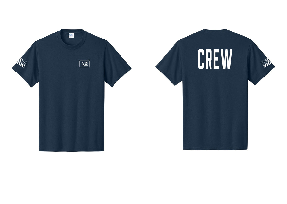 NYC Factory Custom Work Crew Uniform Tee with Your Logo (Classic) - Your Logo + Back + US Flag Sleeve - Navy