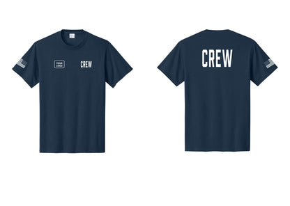 NYC Factory Custom Logo Crew T-Shirt, Condensed Lettering - CREW + Your Logo + Back + US Flag Sleeve - Navy