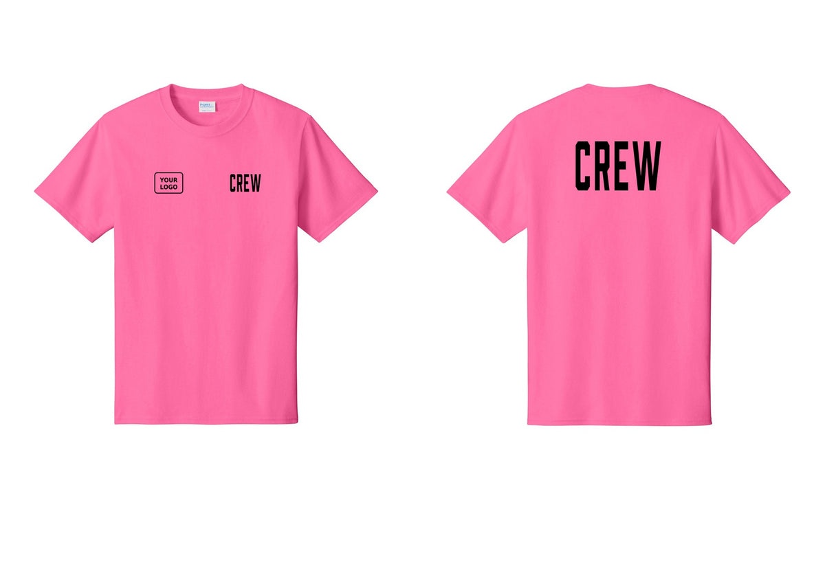 NYC Factory Custom Logo Crew T-Shirt, Condensed Lettering - CREW + Your Logo + Back - Neon Pink