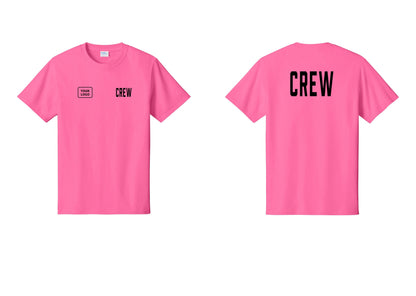 NYC Factory Custom Logo Crew T-Shirt, Condensed Lettering - CREW + Your Logo + Back - Neon Pink