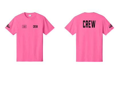 NYC Factory Custom Logo Crew T-Shirt, Condensed Lettering - CREW + Your Logo + Back + US Flag Sleeve - Neon Pink