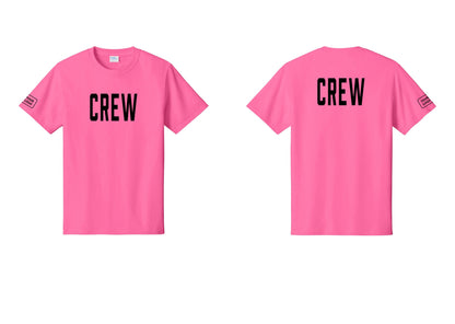 NYC Factory Custom Logo Crew T-Shirt, Condensed Lettering - Front + Back + Your Logo Sleeve - Neon Pink