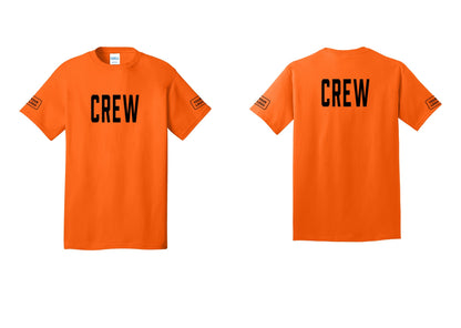 NYC Factory Custom Logo Crew T-Shirt, Condensed Lettering - Front + Back + Your Logo Sleeves - Safety Orange
