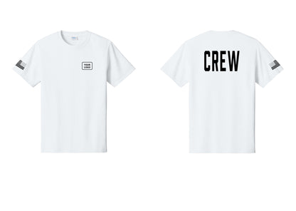 NYC Factory Custom Work Crew Uniform Tee with Your Logo (Classic) - Your Logo + Back + US Flag Sleeve - White
