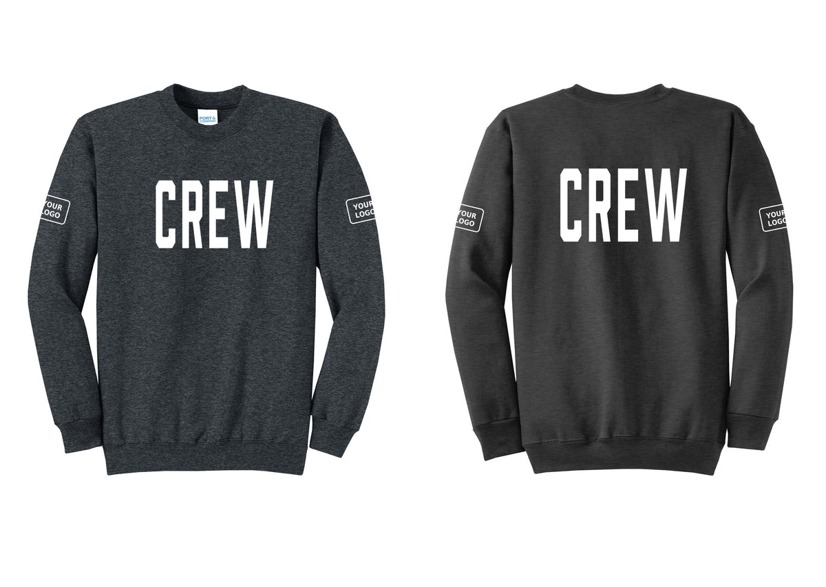 NYC Factory Custom Work Crew Uniform Cotton Fleece Crewneck Sweatshirt with Your Logo (Classic) - Front + Back + Your Logo Sleeves - Dark Heather Grey