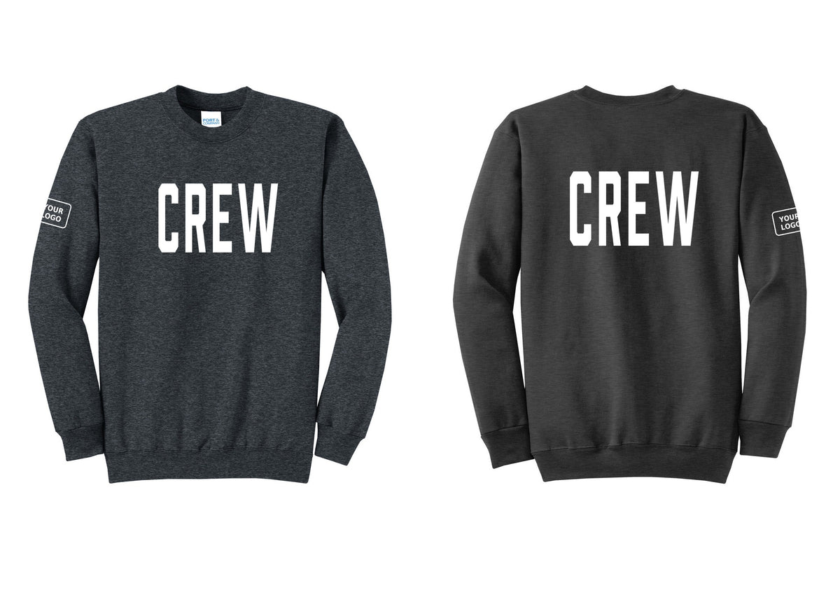NYC Factory Custom Work Crew Uniform Cotton Fleece Crewneck Sweatshirt with Your Logo (Classic) - Front + Back + Your Logo Sleeve - Dark Heather Grey