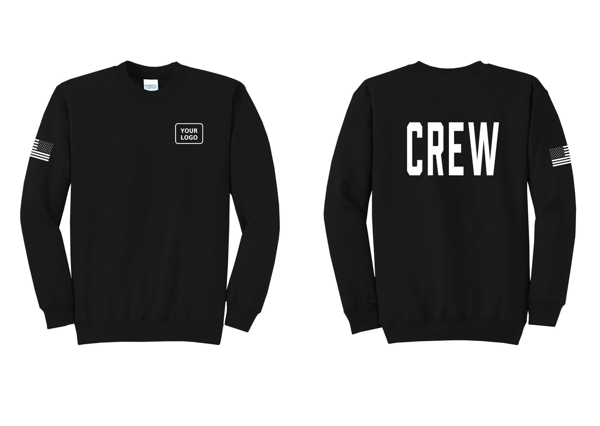 NYC Factory Custom Work Crew Uniform Cotton Fleece Crewneck Sweatshirt with Your Logo (Classic) - Your Logo + Back + US Flag Sleeve - Black