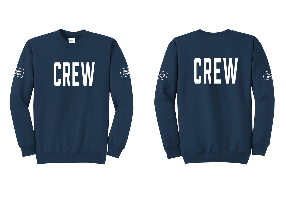 NYC Factory Custom Work Crew Uniform Cotton Fleece Crewneck Sweatshirt with Your Logo (Classic) - Front + Back + Your Logo Sleeves - Navy