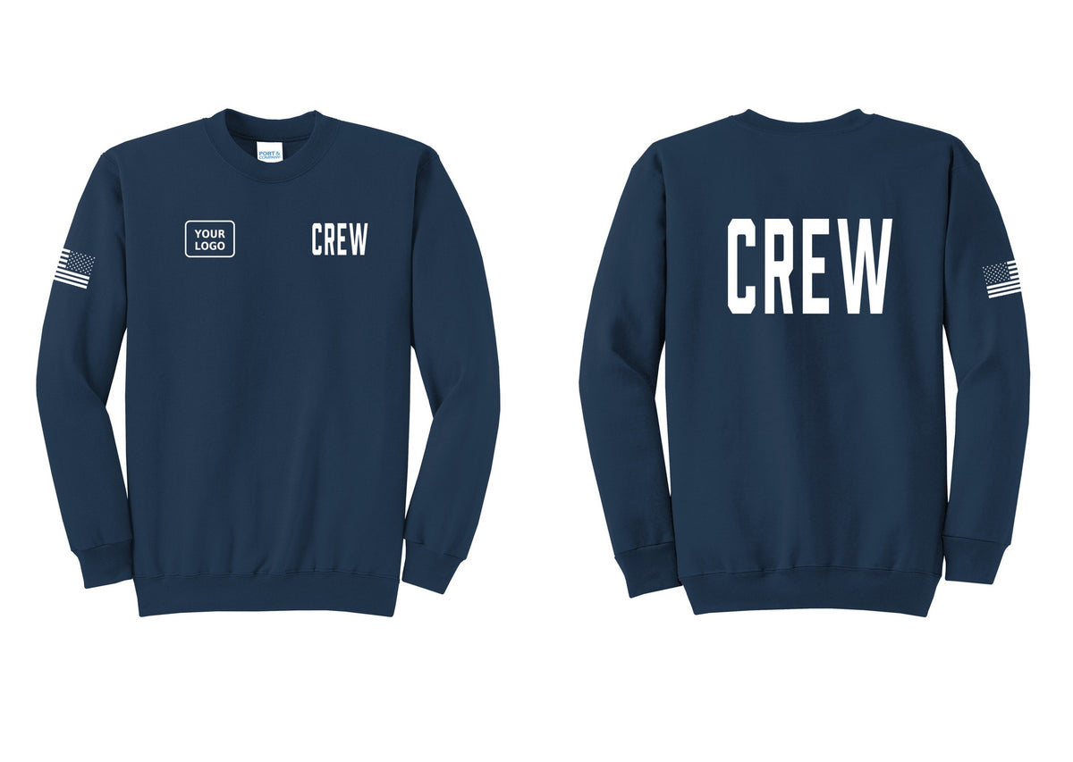 NYC Factory Custom Work Crew Uniform Cotton Fleece Crewneck Sweatshirt with Your Logo (Classic) - CREW + Your Logo + Back + US Flag Sleeve - Navy