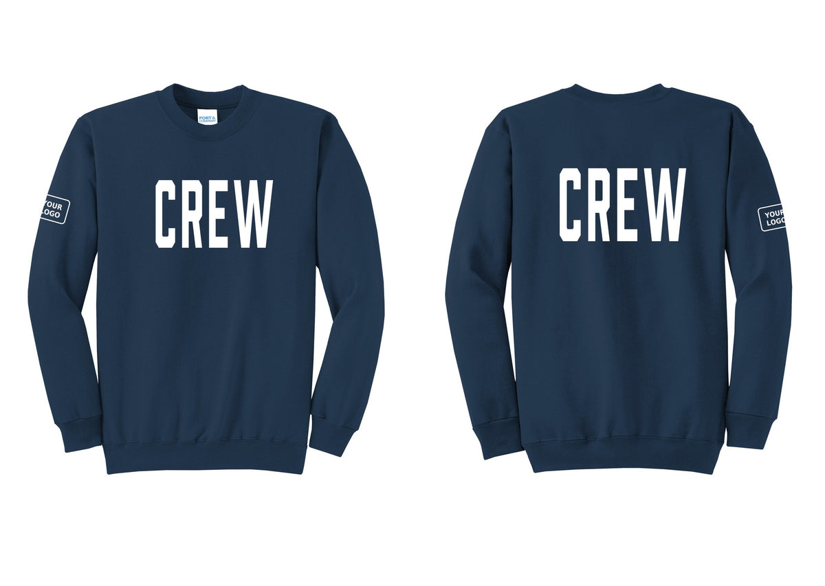 NYC Factory Custom Work Crew Uniform Cotton Fleece Crewneck Sweatshirt with Your Logo (Classic) - Front + Back + Your Logo Sleeve - Navy
