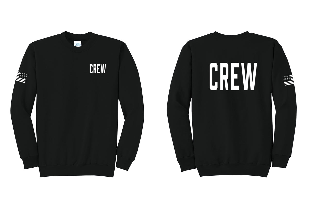 NYC Factory Crew Cotton Fleece Crewneck Sweatshirt for Event Staff & Production Teams (Classic) - Chest + Back + US Flag Sleeve - Black