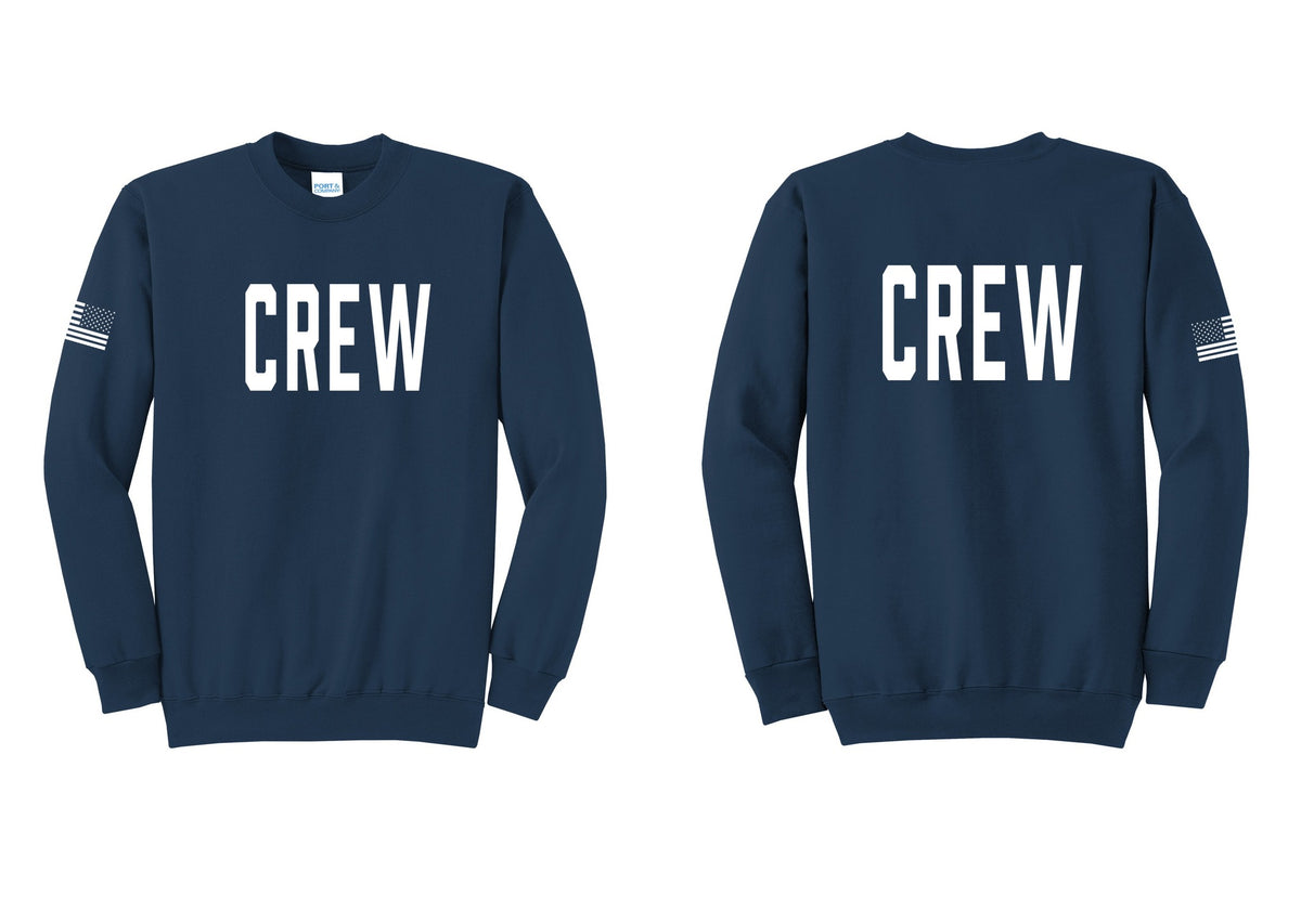 NYC Factory Crew Cotton Fleece Crewneck Sweatshirt for Event Staff & Production Teams (Classic) - Front + Back + US Flag Sleeve - Navy