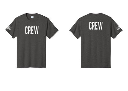 NYC Factory Crew T-Shirt, Condensed Lettering - Front + Back + US Flag Sleeve - Dark Heather Grey