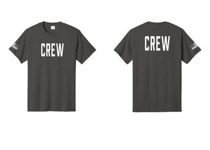 NYC Factory Crew T-Shirt for Event Staff & Production Teams (Classic) - Front + Back + US Flag Sleeve - Dark Heather Grey