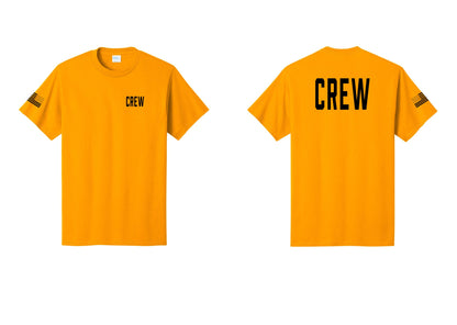 NYC Factory Crew T-Shirt for Event Staff & Production Teams (Classic) - Chest + Back + US Flag Sleeve - Gold