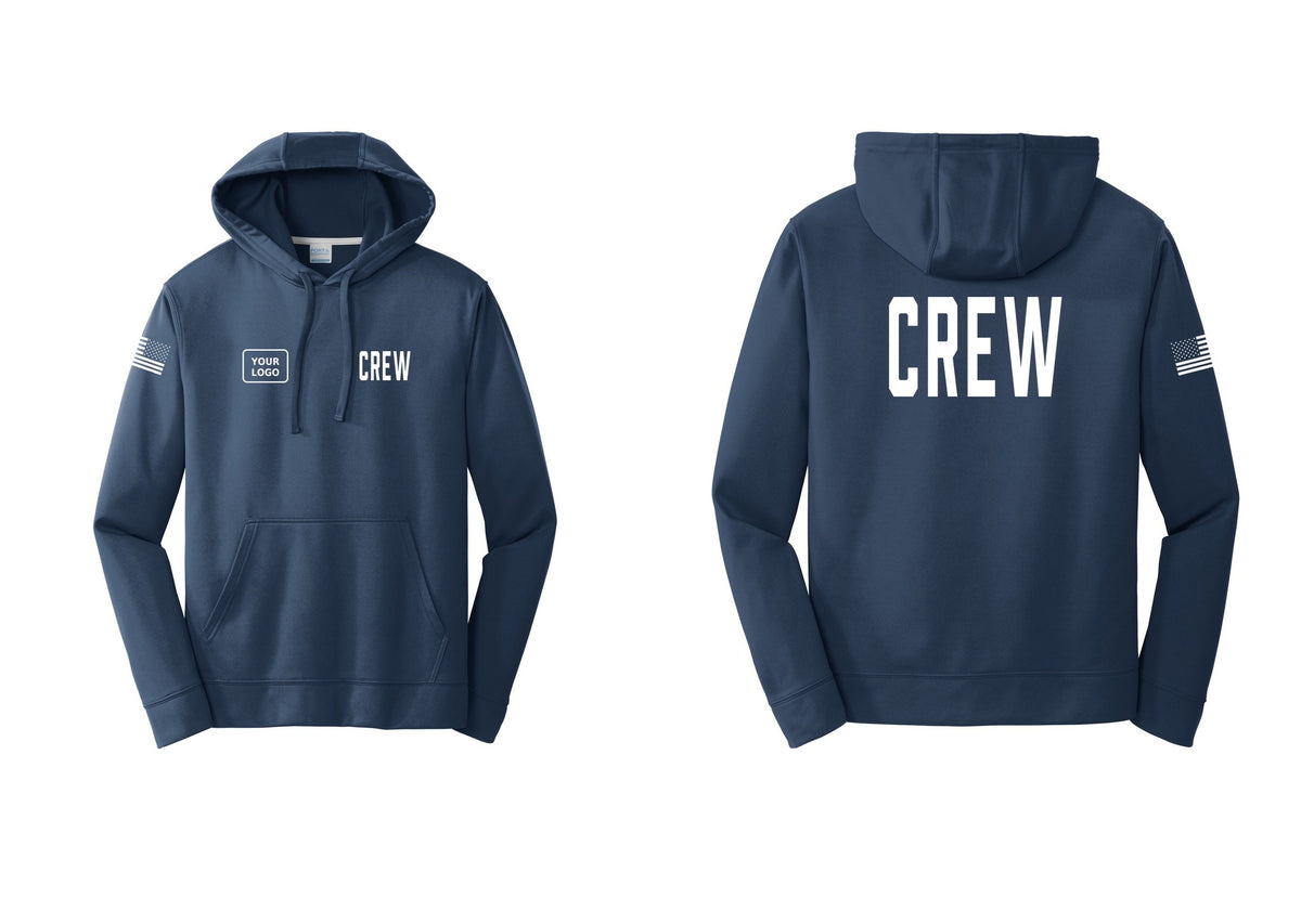 NYC Factory Custom Work Crew Uniform Performance Hooded Fleece Pullover Sweatshirt with Your Logo (Classic) - CREW + Your Logo + Back + US Flag Sleeve - Navy