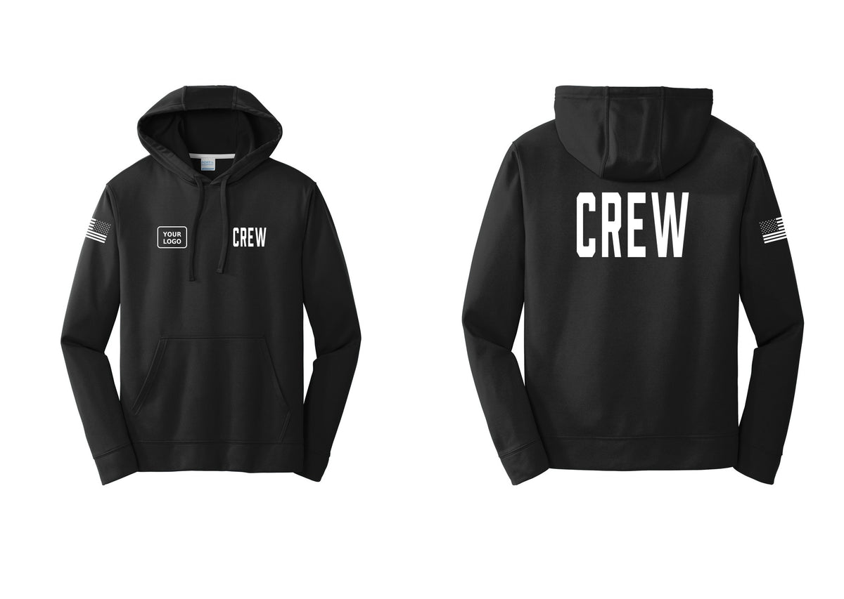 NYC Factory Custom Work Crew Uniform Performance Hooded Fleece Pullover Sweatshirt with Your Logo (Classic) - CREW + Your Logo + Back + US Flag Sleeve - Black