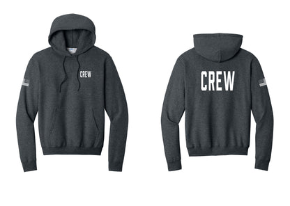 NYC Factory Crew Cotton Fleece Pullover Hoodie for Event Staff & Production Teams (Classic) - Chest + Back + US Flag Sleeve - Dark Heather Grey