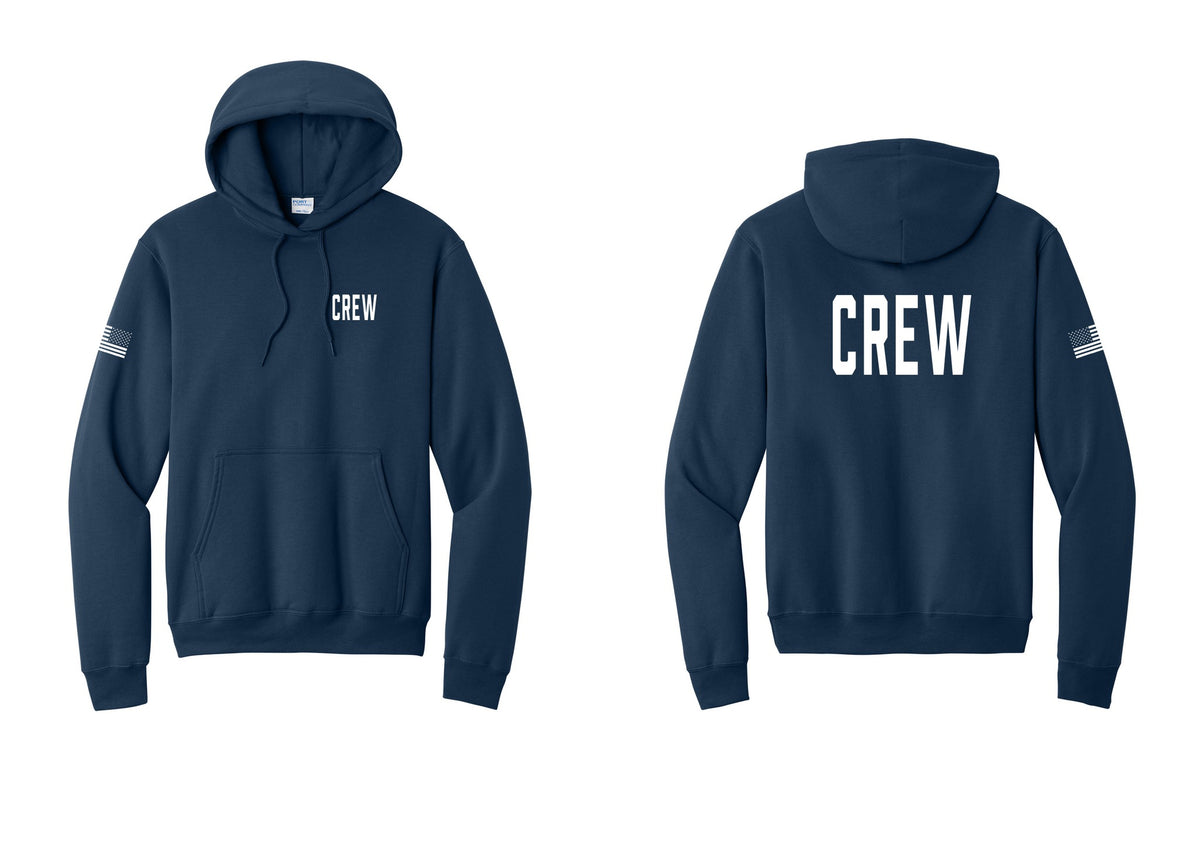 NYC Factory Crew Cotton Fleece Pullover Hoodie for Event Staff & Production Teams (Classic) - Chest + Back + US Flag Sleeve - Navy