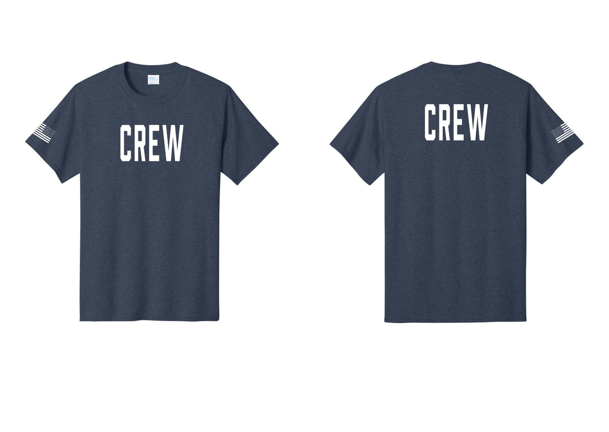 NYC Factory Crew T-Shirt, Condensed Lettering - Front + Back + US Flag Sleeve - Heather Navy