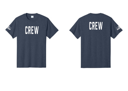 NYC Factory Crew T-Shirt, Condensed Lettering - Front + Back + US Flag Sleeve - Heather Navy