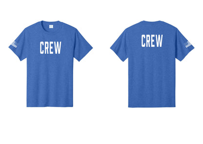 NYC Factory Crew T-Shirt, Condensed Lettering - Front + Back + US Flag Sleeve - Heather Royal