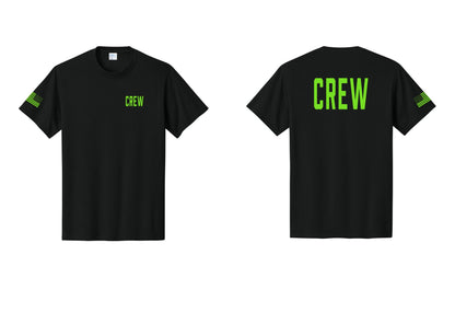 NYC Factory Crew T-Shirt for Event Staff & Production Teams (Classic) - Chest + Back + US Flag Sleeve - Black / Neon
