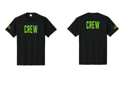 NYC Factory Crew T-Shirt, Condensed Lettering - Front + Back + US Flag Sleeve - Black / Neon
