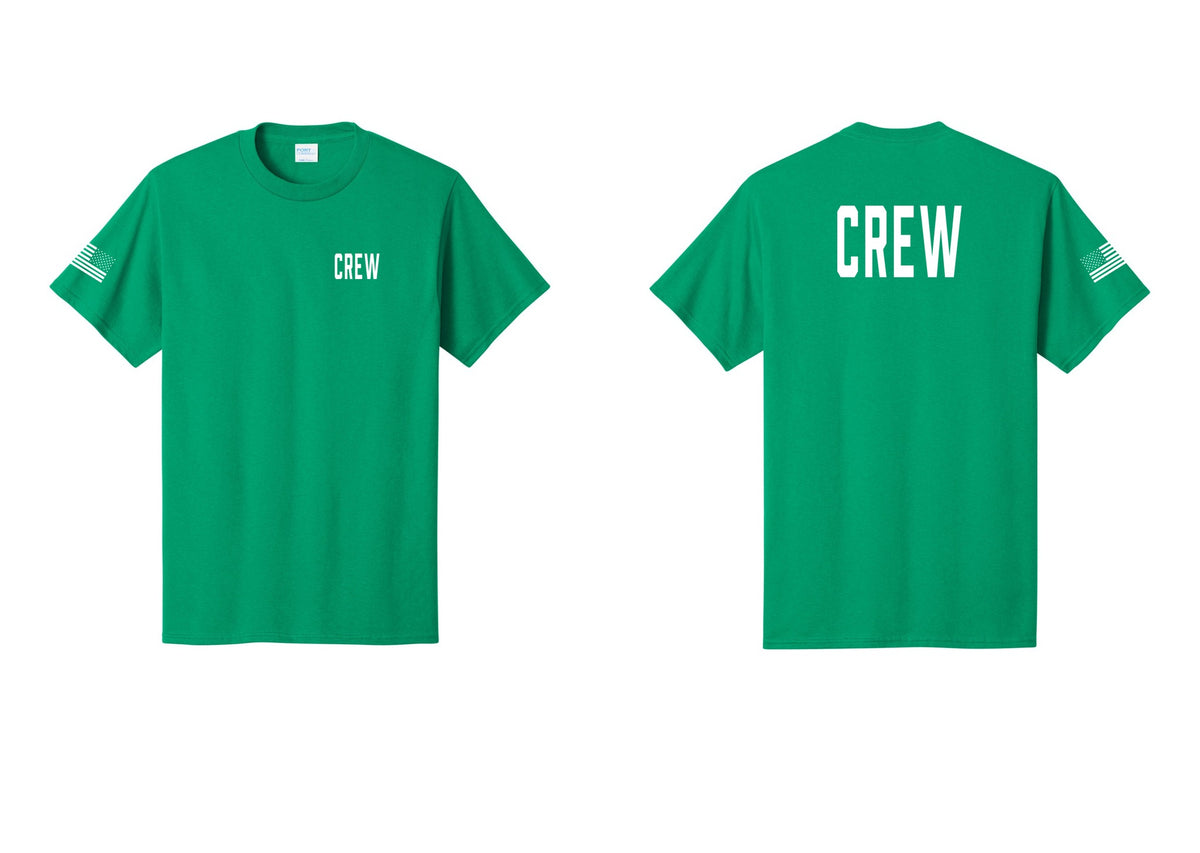 NYC Factory Crew T-Shirt, Condensed Lettering - Chest + Back + US Flag Sleeve - Kelly
