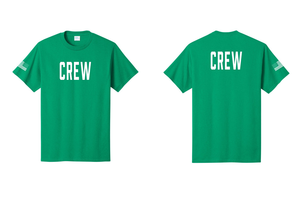 NYC Factory Crew T-Shirt, Condensed Lettering - Front + Back + US Flag Sleeve - Kelly
