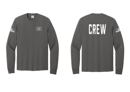 NYC Factory Custom Work Crew Uniform Cotton Long Sleeve Tee with Your Logo (Classic) - Your Logo + Back + US Flag Sleeve - Charcoal