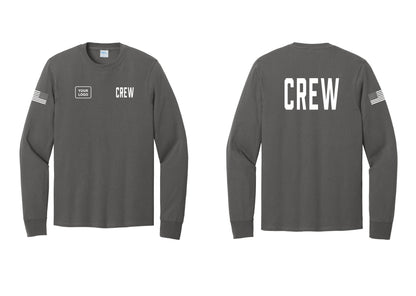 NYC Factory Custom Work Crew Uniform Cotton Long Sleeve Tee with Your Logo (Classic) - CREW + Your Logo + Back + US Flag Sleeve - Charcoal