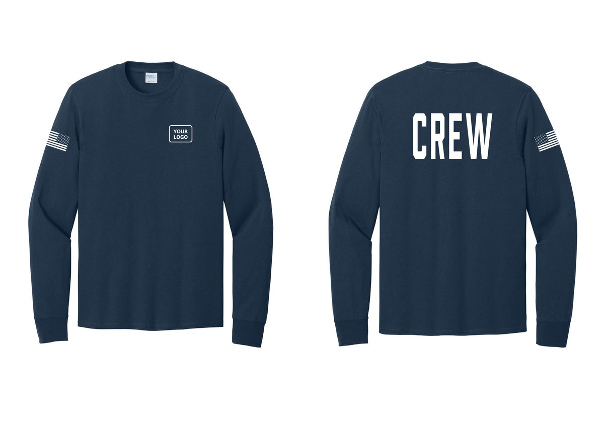 NYC Factory Custom Work Crew Uniform Cotton Long Sleeve Tee with Your Logo (Classic) - Your Logo + Back + US Flag Sleeve - Navy