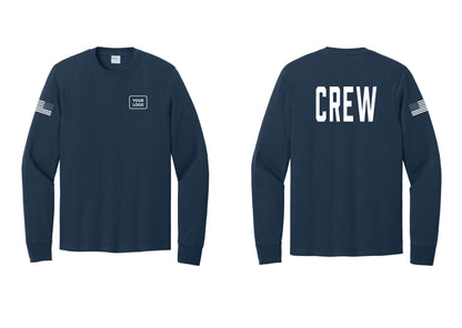 NYC Factory Custom Work Crew Uniform Cotton Long Sleeve Tee with Your Logo (Classic) - Your Logo + Back + US Flag Sleeve - Navy