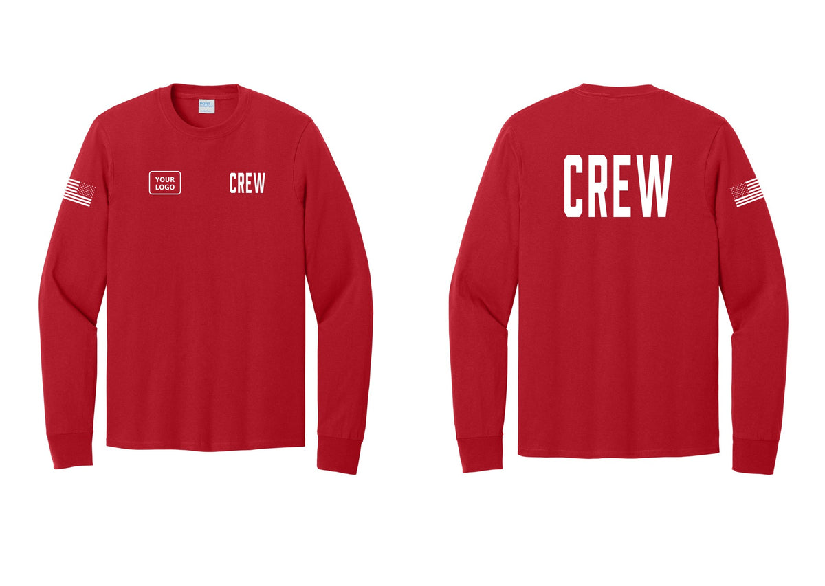 NYC Factory Custom Work Crew Uniform Cotton Long Sleeve Tee with Your Logo (Classic) - CREW + Your Logo + Back + US Flag Sleeve - Red