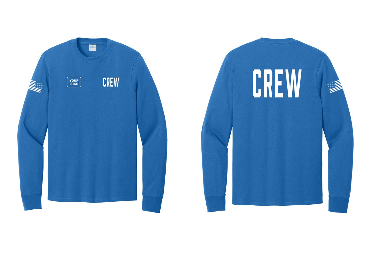NYC Factory Custom Work Crew Uniform Cotton Long Sleeve Tee with Your Logo (Classic) - CREW + Your Logo + Back + US Flag Sleeve - Royal