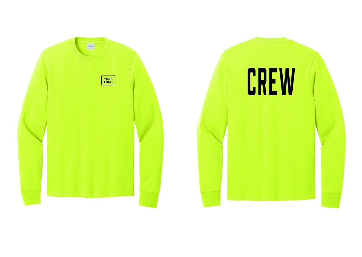 NYC Factory Custom Work Crew Uniform Cotton Long Sleeve Tee with Your Logo (Classic) - Your Logo + Back - Safety Green
