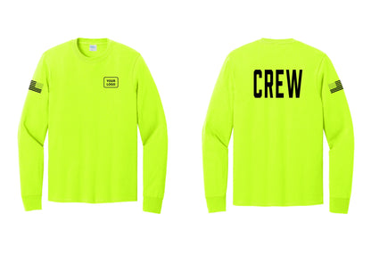 NYC Factory Custom Work Crew Uniform Cotton Long Sleeve Tee with Your Logo (Classic) - Your Logo + Back + US Flag Sleeve - Safety Green