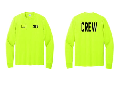 NYC Factory Custom Work Crew Uniform Cotton Long Sleeve Tee with Your Logo (Classic) - CREW + Your Logo + Back - Safety Green